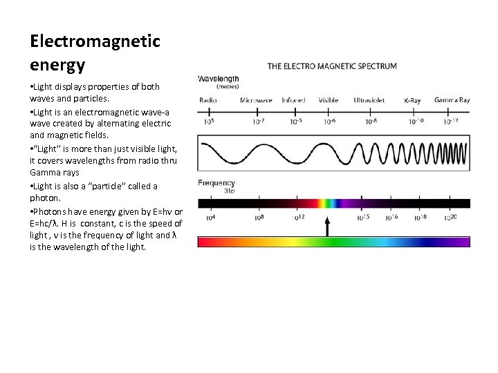 Electromagnetic energy • Light displays properties of both waves and particles. • Light is