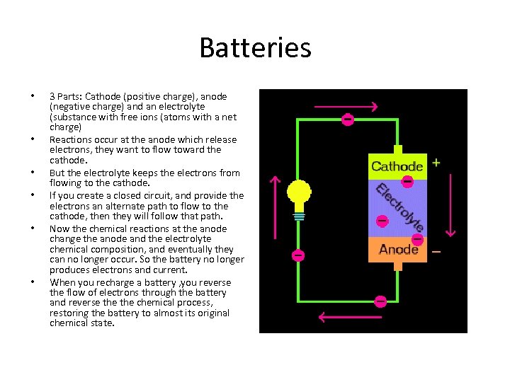 Batteries • • • 3 Parts: Cathode (positive charge), anode (negative charge) and an