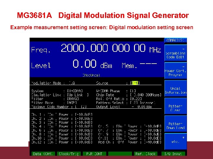 MG 3681 A Digital Modulation Signal Generator Example measurement setting screen: Digital modulation setting