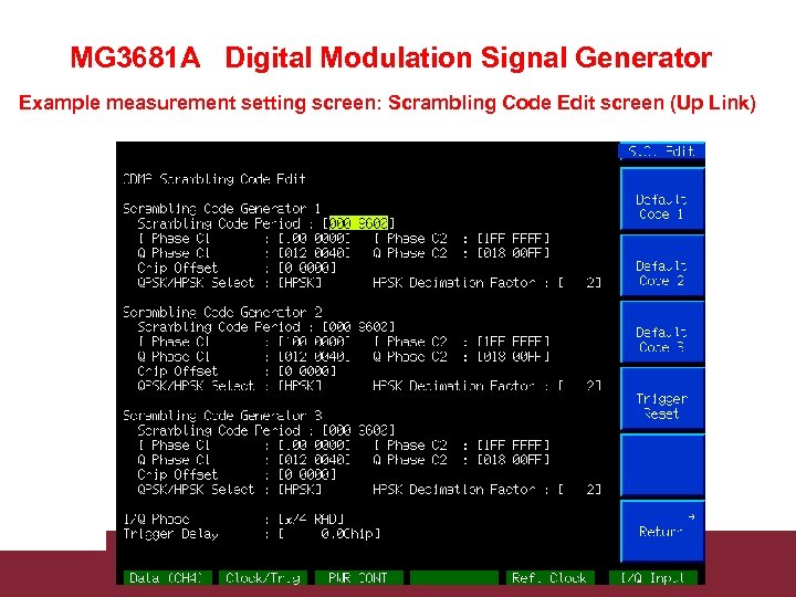 MG 3681 A Digital Modulation Signal Generator Example measurement setting screen: Scrambling Code Edit