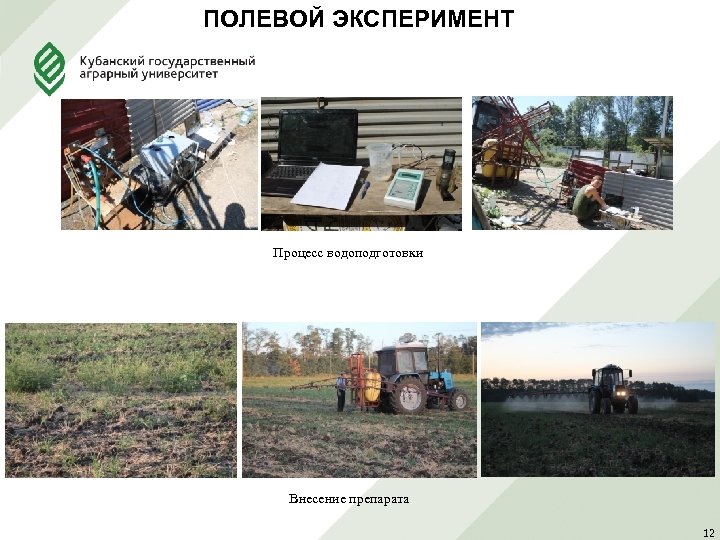 ПОЛЕВОЙ ЭКСПЕРИМЕНТ Процесс водоподготовки Внесение препарата 12 