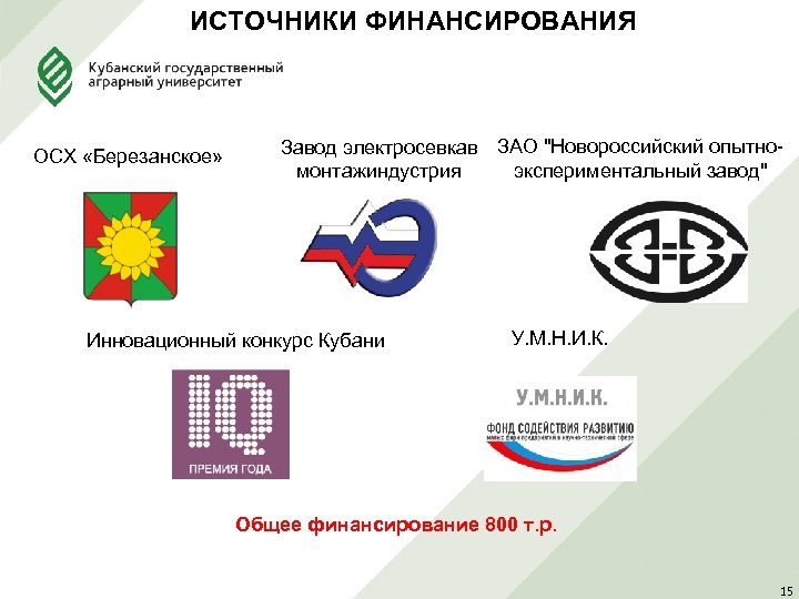 ИСТОЧНИКИ ФИНАНСИРОВАНИЯ ОСХ «Березанское» Завод электросевкав ЗАО 