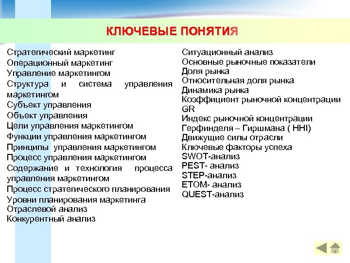 КЛЮЧЕВЫЕ ПОНЯТИЯ Стратегический маркетинг Операционный маркетинг Управление маркетингом Структура и система управления маркетингом Субъект