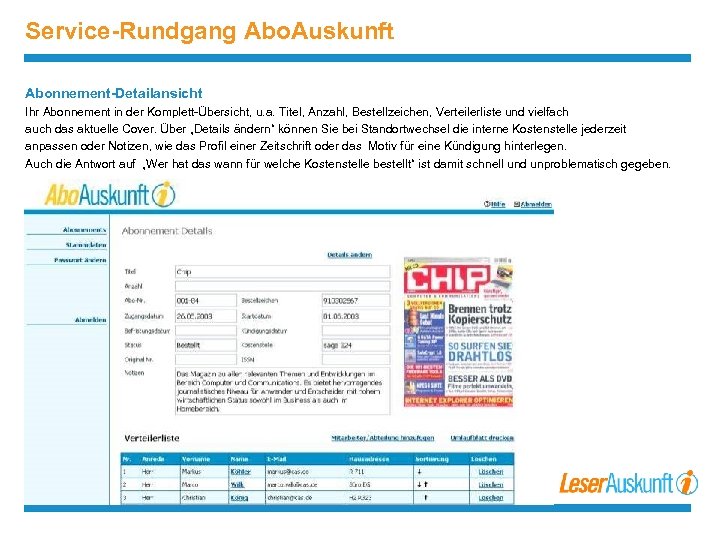 Service-Rundgang Abo. Auskunft Abonnement-Detailansicht Ihr Abonnement in der Komplett-Übersicht, u. a. Titel, Anzahl, Bestellzeichen,