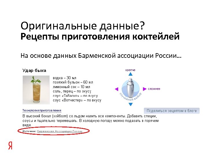 Оригинальные данные? Рецепты приготовления коктейлей На основе данных Барменской ассоциации России… 