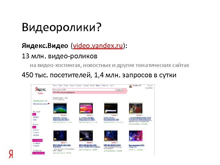 Видеоролики? Яндекс. Видео (video. yandex. ru): 13 млн. видео-роликов на видео-хостингах, новостных и других
