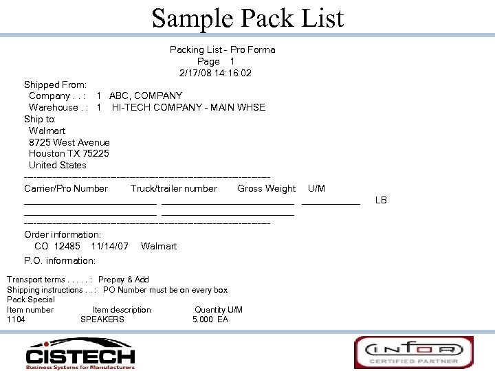 Sample Pack List Packing List - Pro Forma Page 1 2/17/08 14: 16: 02