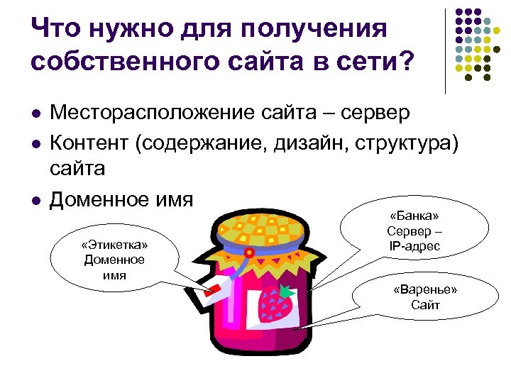 Что нужно для получения собственного сайта в сети? l l l Месторасположение сайта –