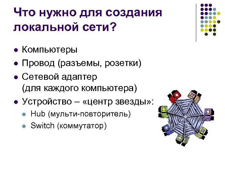 Что нужно для создания локальной сети? l l Компьютеры Провод (разъемы, розетки) Сетевой адаптер
