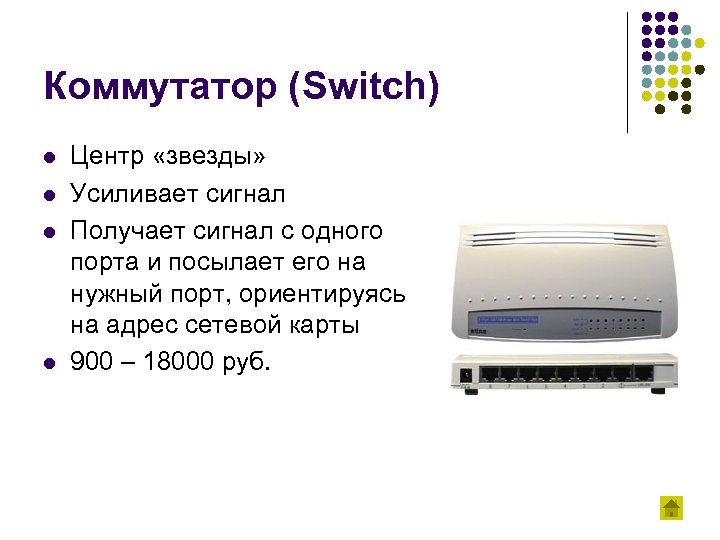 Коммутатор (Switch) l l Центр «звезды» Усиливает сигнал Получает сигнал с одного порта и