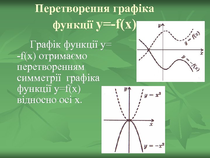 Перетворення графіка функції y=-f(x) Графік функції y= -f(x) отримаємо перетворенням симметрії графіка функції y=f(x)