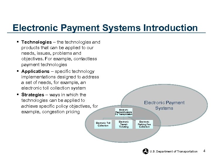 Electronic Payment Systems Introduction § Technologies – the technologies and products that can be