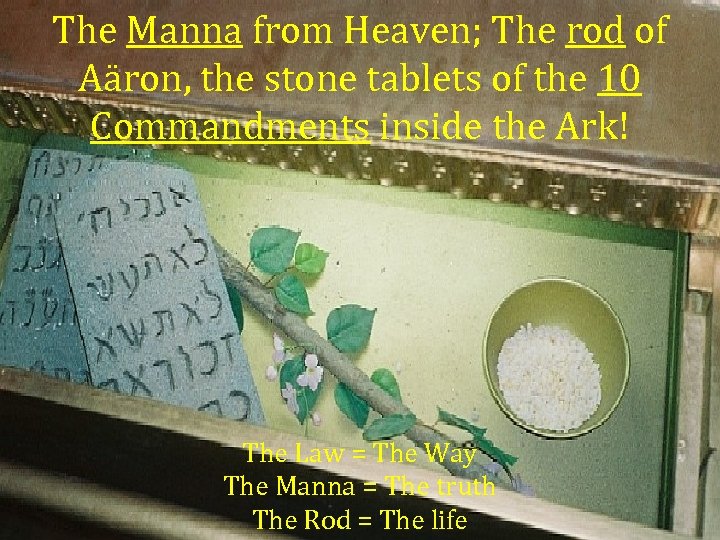 The Manna from Heaven; The rod of Aäron, the stone tablets of the 10