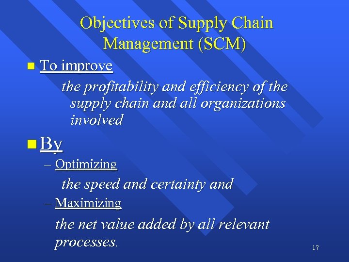 Objectives of Supply Chain Management (SCM) n To improve the profitability and efficiency of