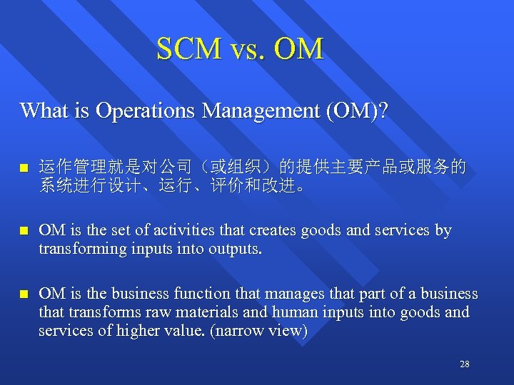 SCM vs. OM What is Operations Management (OM)? n 运作管理就是对公司（或组织）的提供主要产品或服务的 系统进行设计、运行、评价和改进。 n OM is