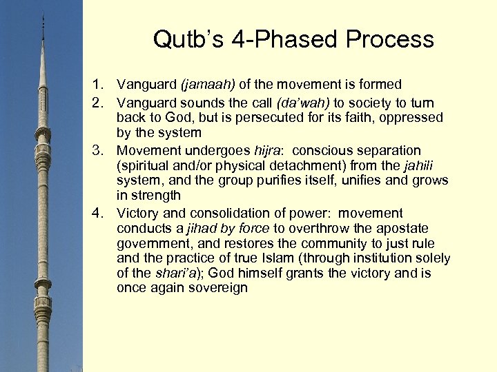 Qutb’s 4 -Phased Process 1. Vanguard (jamaah) of the movement is formed 2. Vanguard