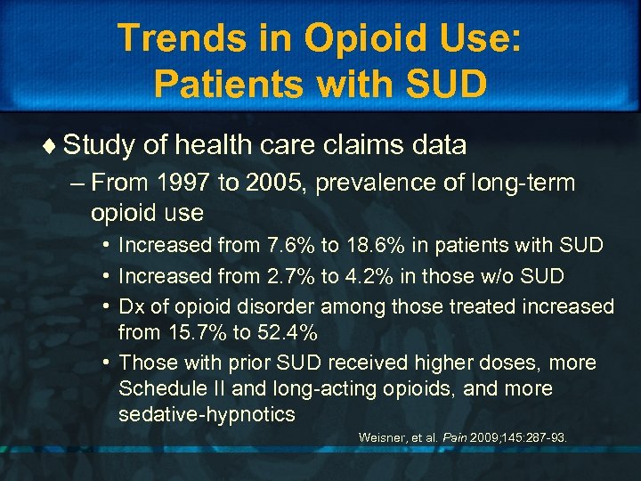 Trends in Opioid Use: Patients with SUD ¨ Study of health care claims data