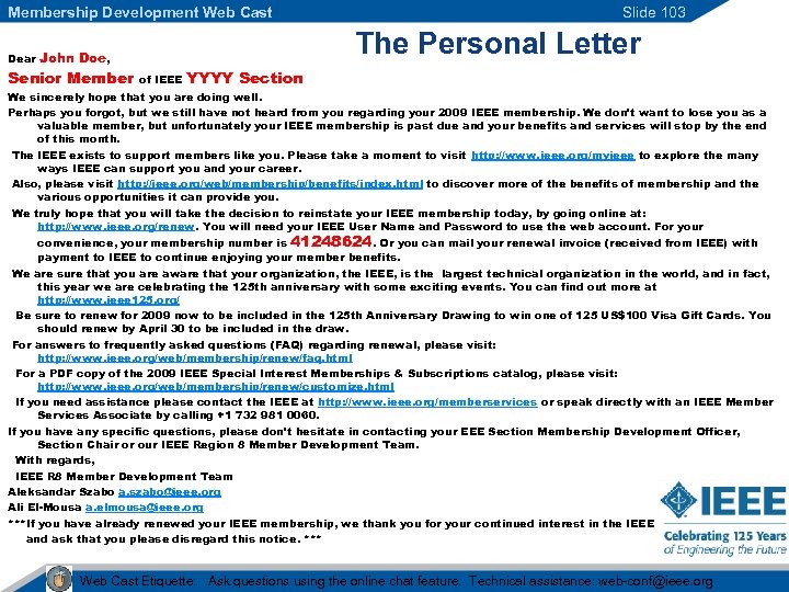 Membership Development Web Cast Dear The Personal Letter John Doe, Senior Member Slide 103