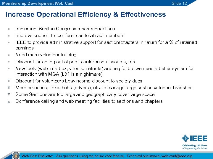 Membership Development Web Cast Slide 12 Increase Operational Efficiency & Effectiveness Implement Section Congress
