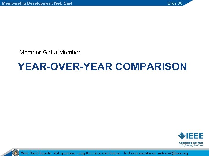 Membership Development Web Cast Slide 30 Member-Get-a-Member YEAR-OVER-YEAR COMPARISON Web Cast Etiquette: Ask questions
