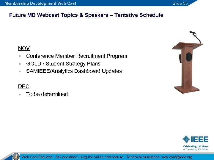 Membership Development Web Cast Slide 56 Future MD Webcast Topics & Speakers – Tentative