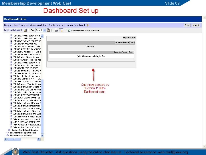 Membership Development Web Cast Slide 69 Dashboard Set up Web Cast Etiquette: Ask questions