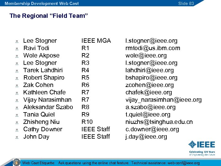 Membership Development Web Cast Slide 83 The Regional “Field Team” Lee Stogner Ravi Todi