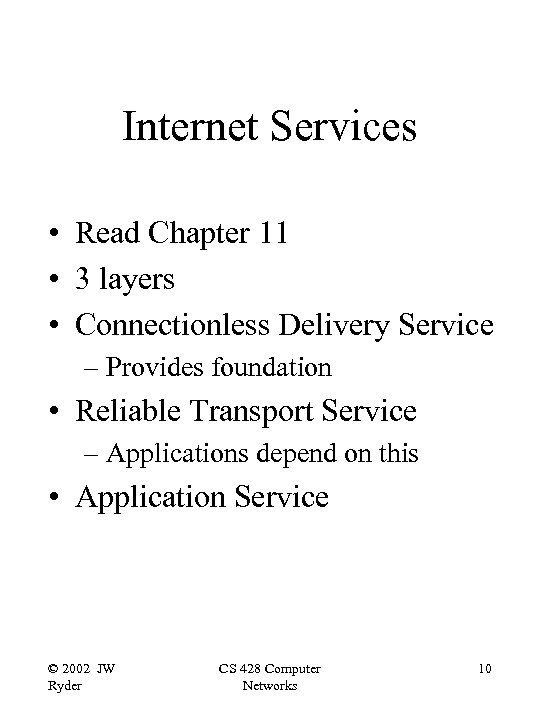 Internet Services • Read Chapter 11 • 3 layers • Connectionless Delivery Service –