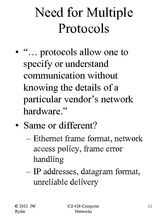 Need for Multiple Protocols • “… protocols allow one to specify or understand communication