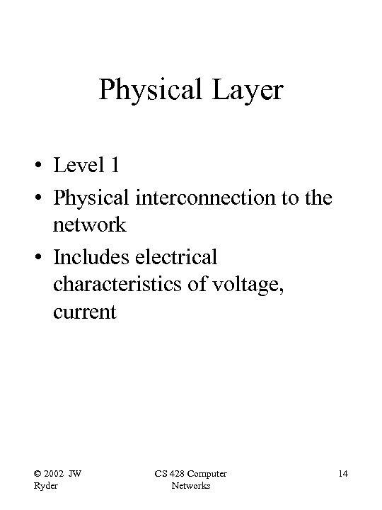 Physical Layer • Level 1 • Physical interconnection to the network • Includes electrical