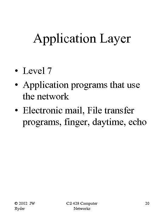 Application Layer • Level 7 • Application programs that use the network • Electronic