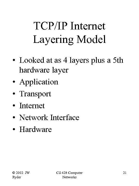 TCP/IP Internet Layering Model • Looked at as 4 layers plus a 5 th