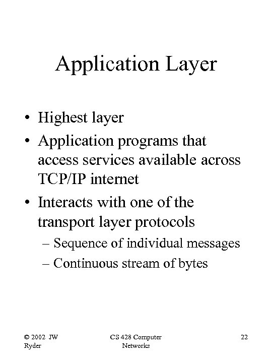 Application Layer • Highest layer • Application programs that access services available across TCP/IP