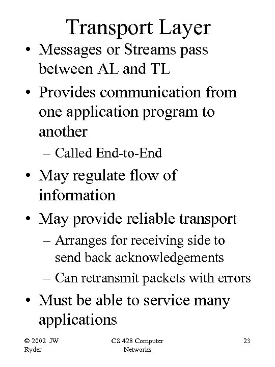 Transport Layer • Messages or Streams pass between AL and TL • Provides communication