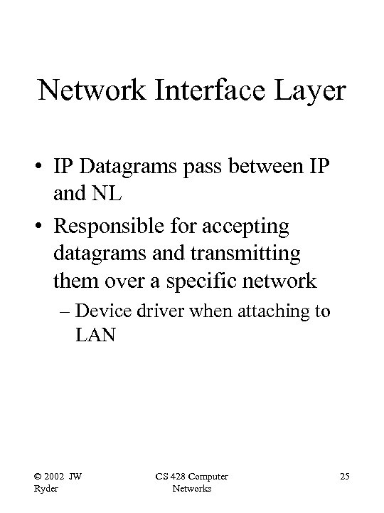 Network Interface Layer • IP Datagrams pass between IP and NL • Responsible for