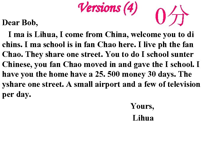 Versions (4) 0分 Dear Bob, I ma is Lihua, I come from China, welcome
