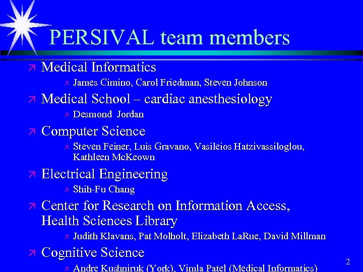 PERSIVAL team members ä Medical Informatics ä ä Medical School – cardiac anesthesiology ä