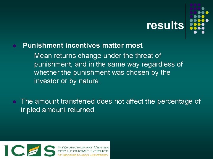 results l l Punishment incentives matter most Mean returns change under the threat of
