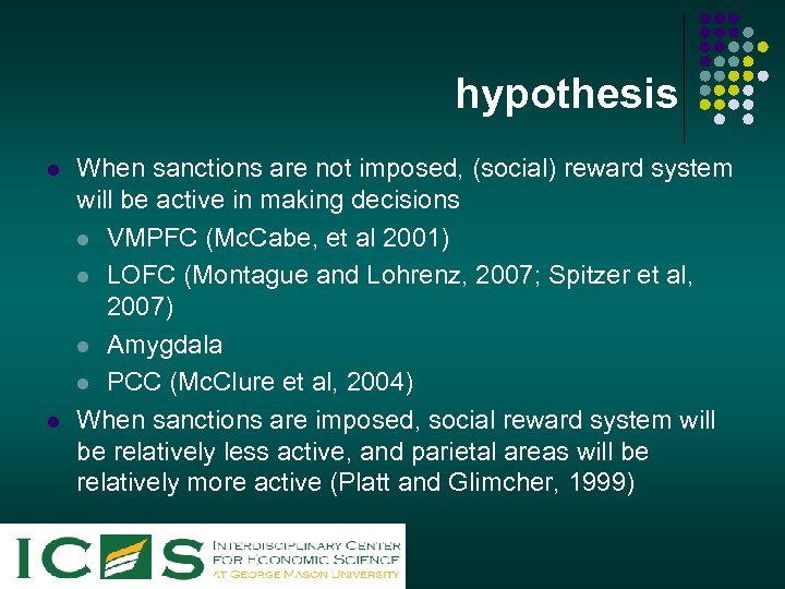 hypothesis l l When sanctions are not imposed, (social) reward system will be active