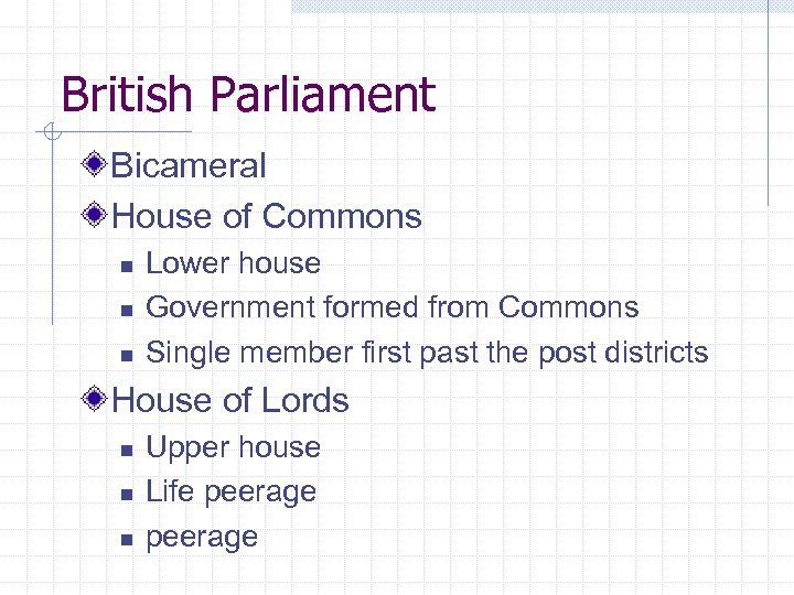 British Parliament Bicameral House of Commons n n n Lower house Government formed from