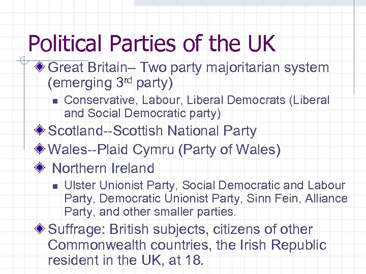 Political Parties of the UK Great Britain– Two party majoritarian system (emerging 3 rd