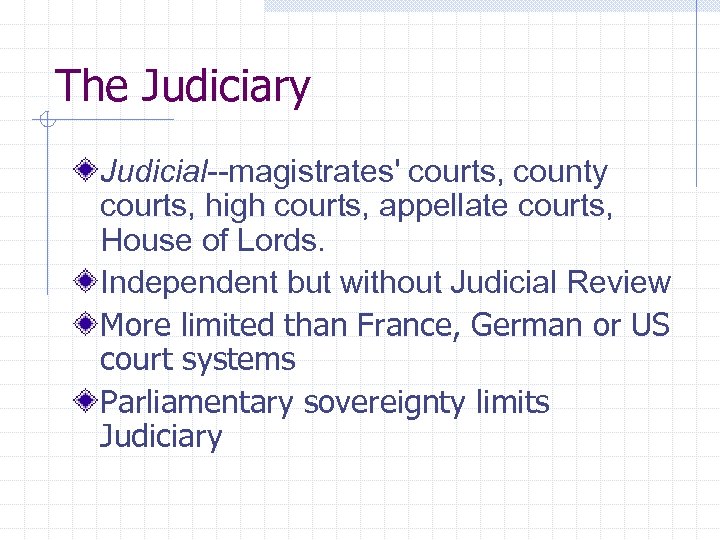 The Judiciary Judicial--magistrates' courts, county courts, high courts, appellate courts, House of Lords. Independent