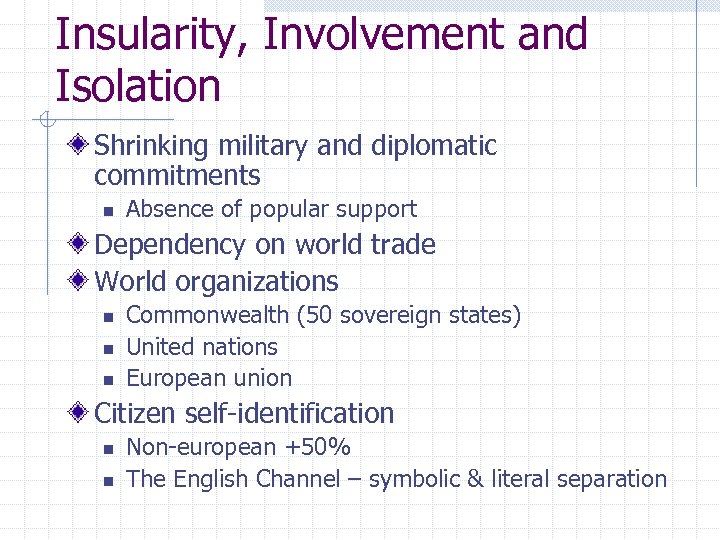 Insularity, Involvement and Isolation Shrinking military and diplomatic commitments n Absence of popular support