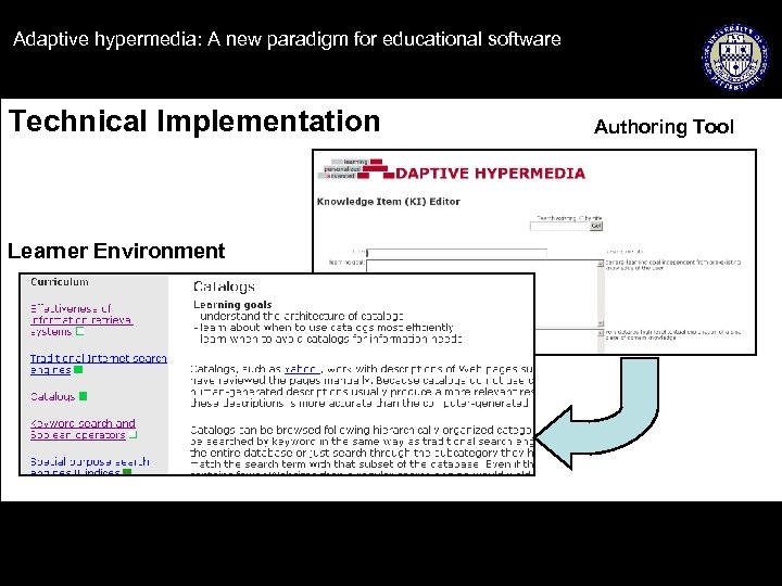Adaptive hypermedia: A new paradigm for educational software Technical Implementation Learner Environment Authoring Tool