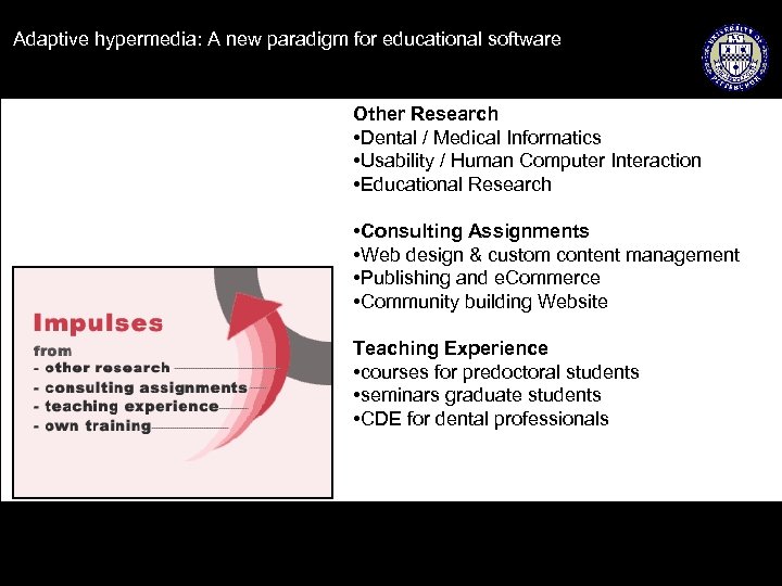 Adaptive hypermedia: A new paradigm for educational software Other Research • Dental / Medical