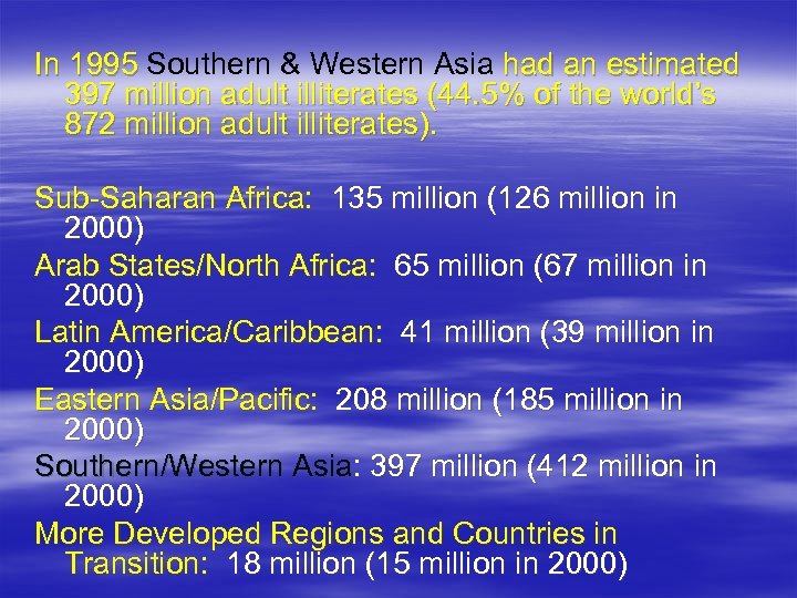 In 1995 Southern & Western Asia had an estimated In 1995 397 million adult