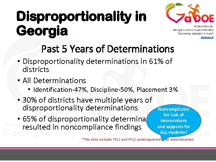 Disproportionality in Georgia Richard Woods, Georgia’s School Superintendent “Educating Georgia’s Future” gadoe. org Past