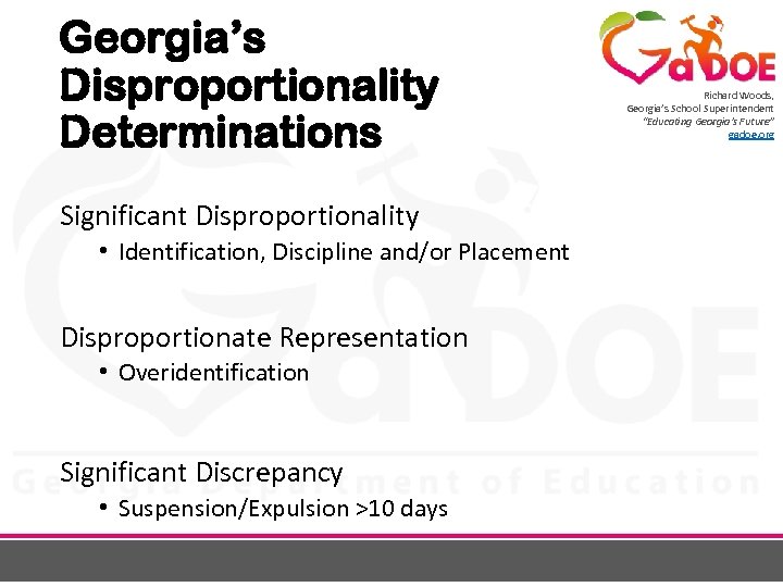 Georgia’s Disproportionality Determinations Significant Disproportionality • Identification, Discipline and/or Placement Disproportionate Representation • Overidentification