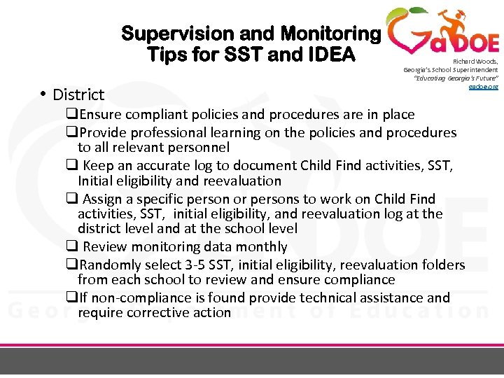 Supervision and Monitoring Tips for SST and IDEA • District Richard Woods, Georgia’s School