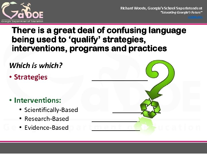 Richard Woods, Georgia’s School Superintendent “Educating Georgia’s Future” gadoe. org There is a great